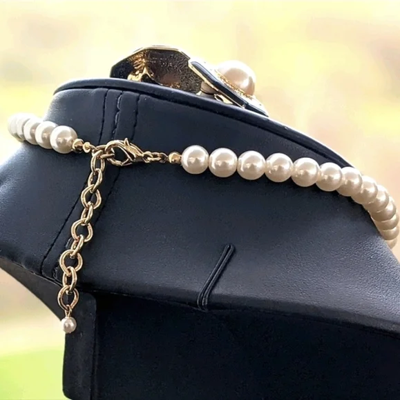 ERWIN PEARL Vintage Black Enamel Faux Pearl Rhinestone Pendant Choker Gold Tone - Picture 5 of 6